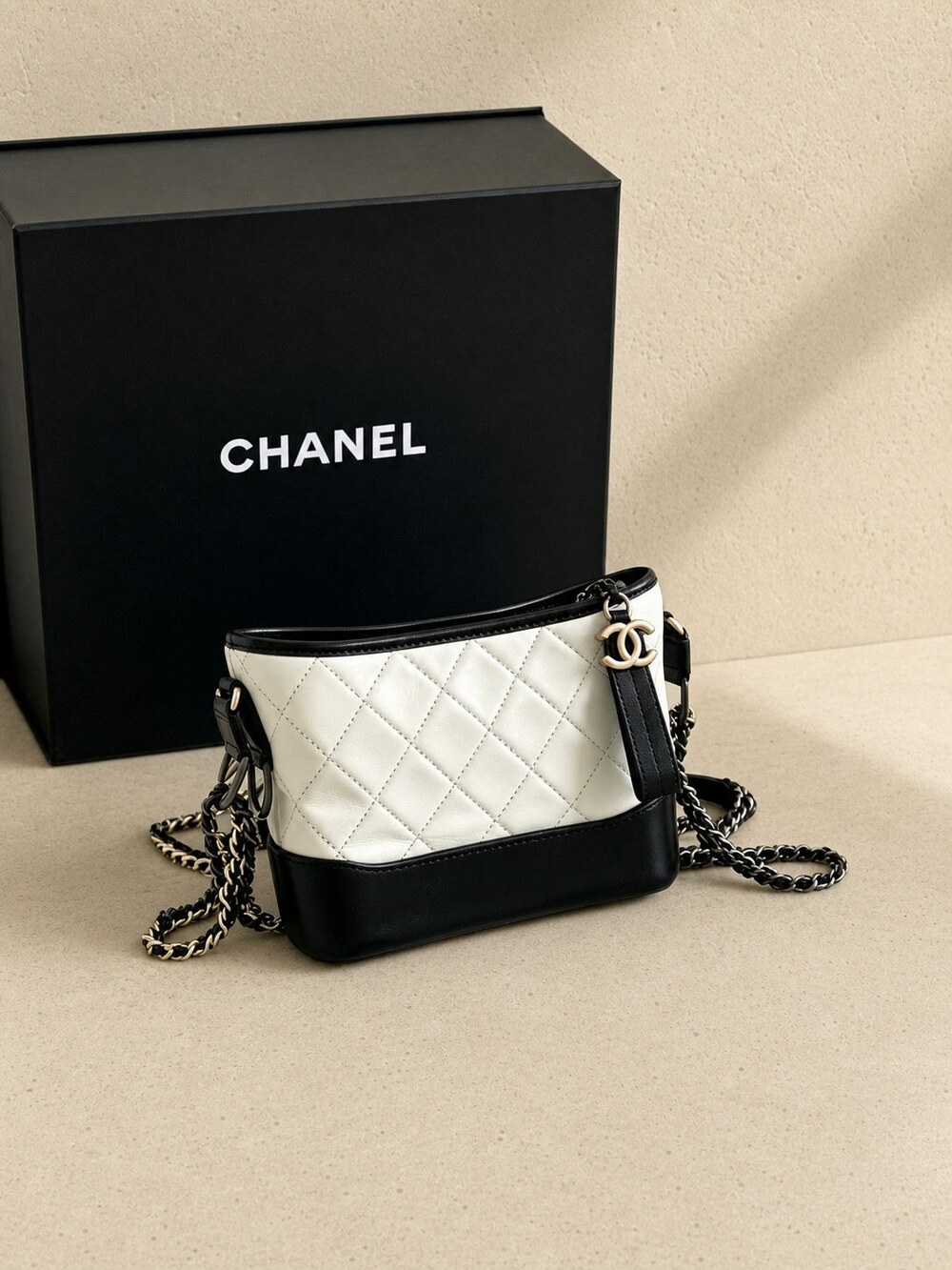Chanel Black White Aged Calfskin Gabrielle Hobo with Mixed Metal Chain